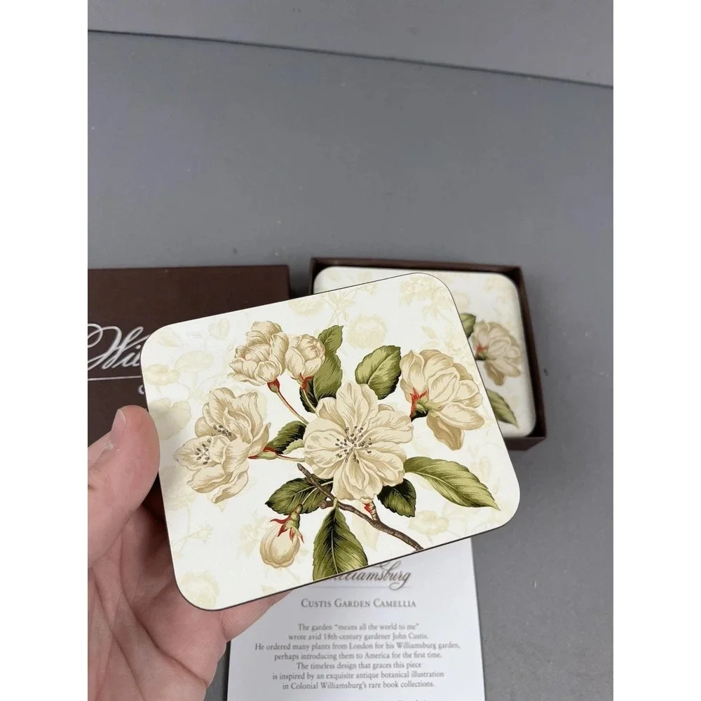 Williamsburg Coasters Set 6 - New in Box - Custis Garden Camellia Flower Blossom